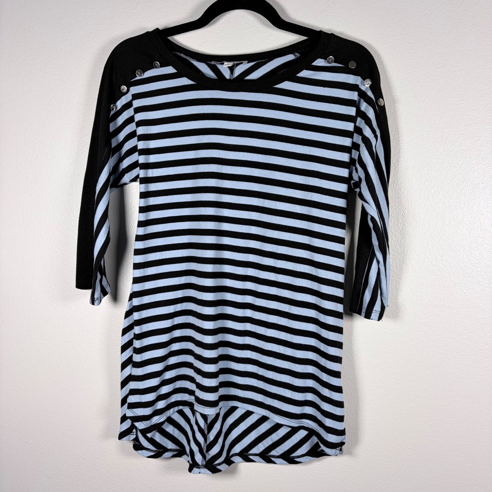 Notations Womens Small Blue Black Striped 3/4 Sleeve Button Shoulder Top Shirt